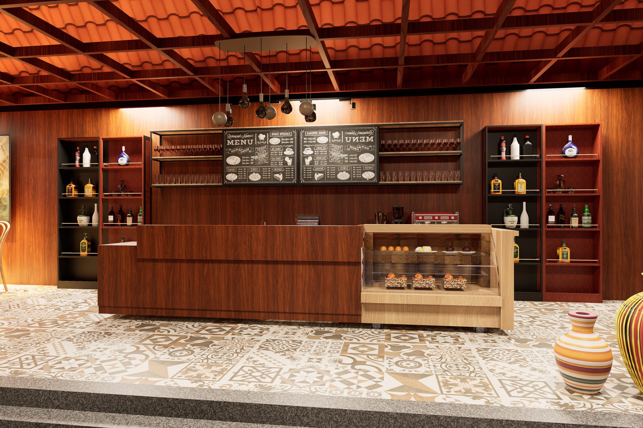 TaKo café — bar counter with chalkboard menu and pastry display