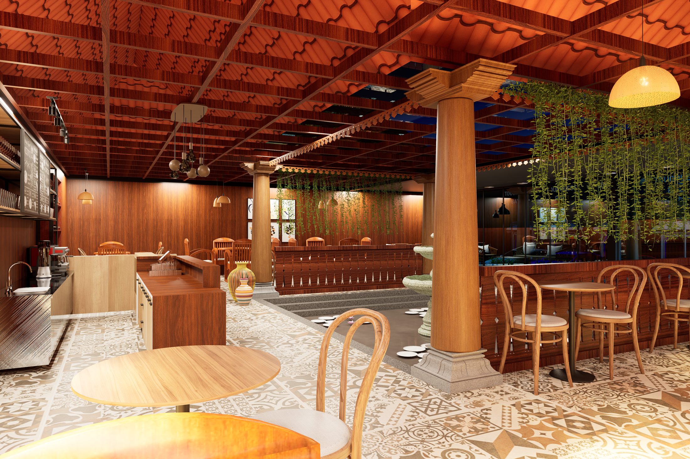 TaKo café — lounge seating area with warm wood tones