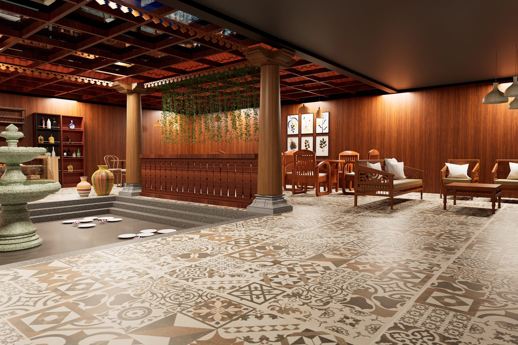 TaKo café — dining area with cane chairs and patterned tile floor