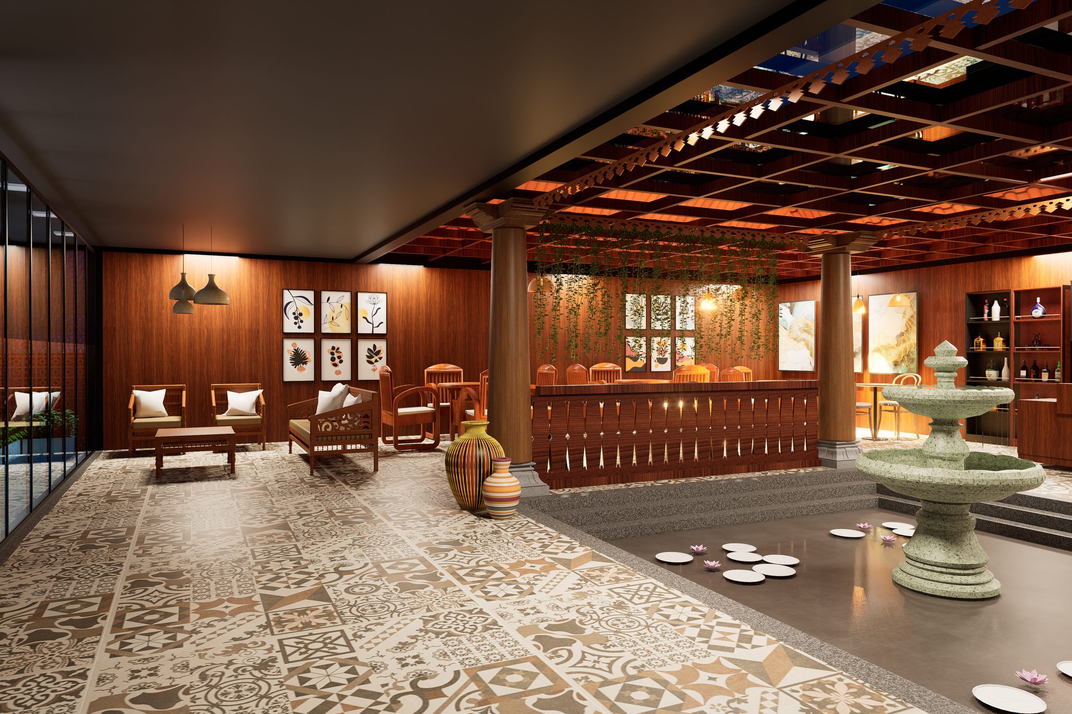 TaKo café — seating hall with carved wood furniture