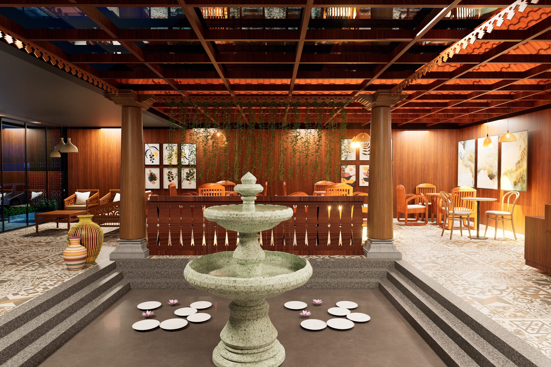TaKo café — full interior view with fountain and dining zones