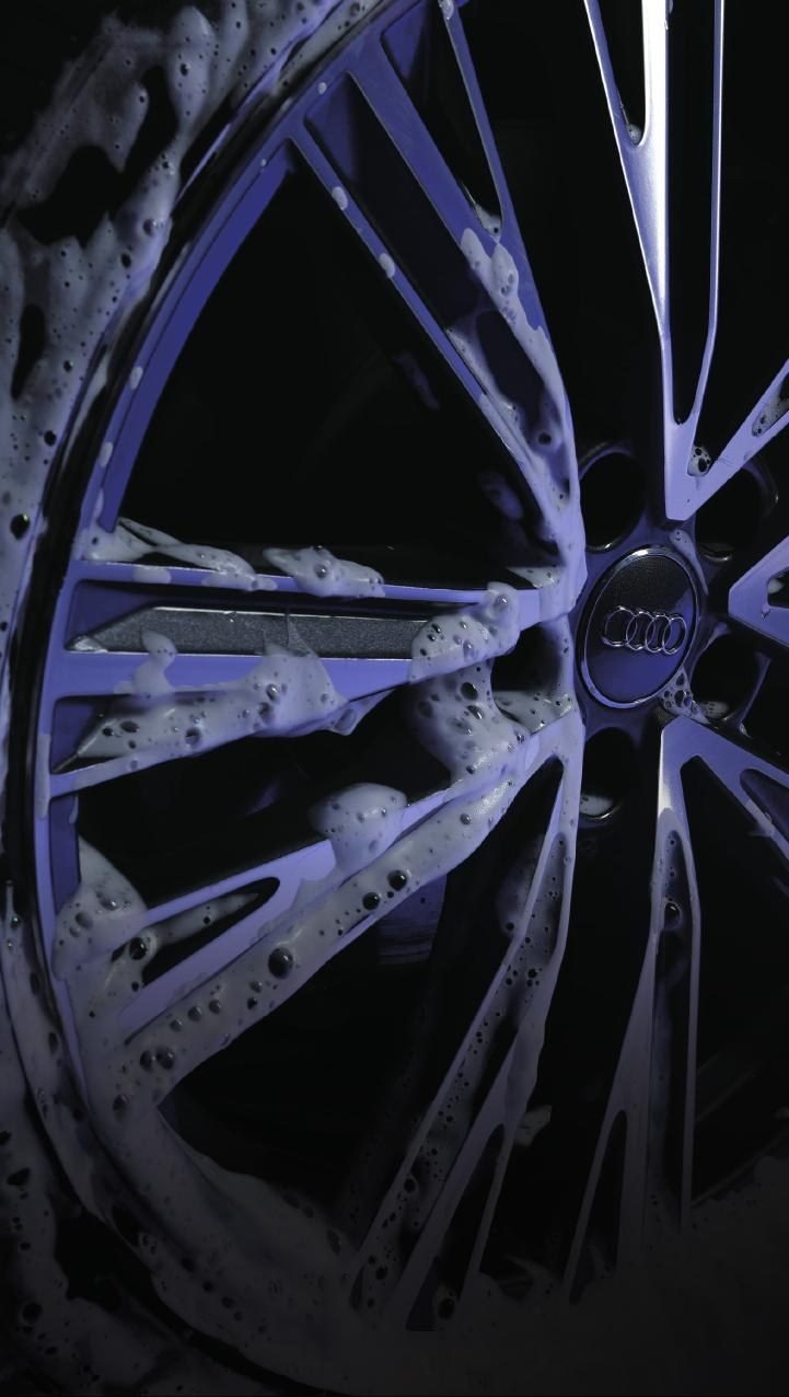 Foam covering an alloy wheel during the wash cycle
